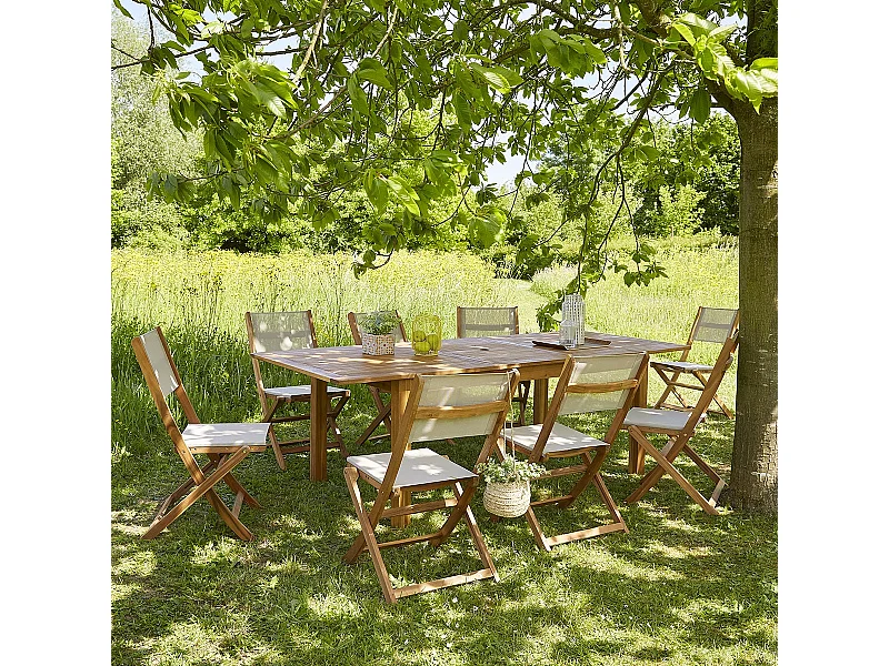 Set da esterno con tavolo allungabile in acacia 8/10 persone