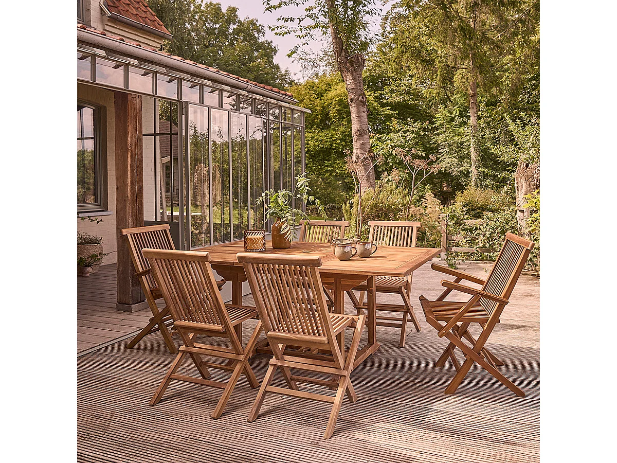 Set da esterno con tavolo allungabile in teak oliato per 6/8 persone