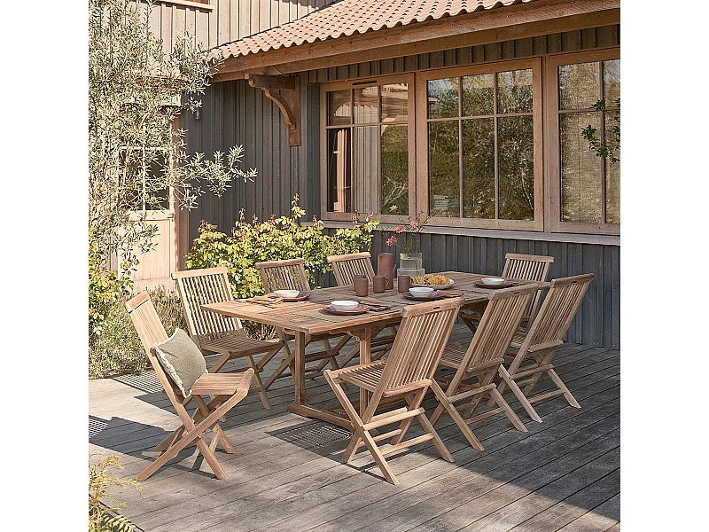 Set da esterno con tavolo allungabile in teak per 8/10 persone