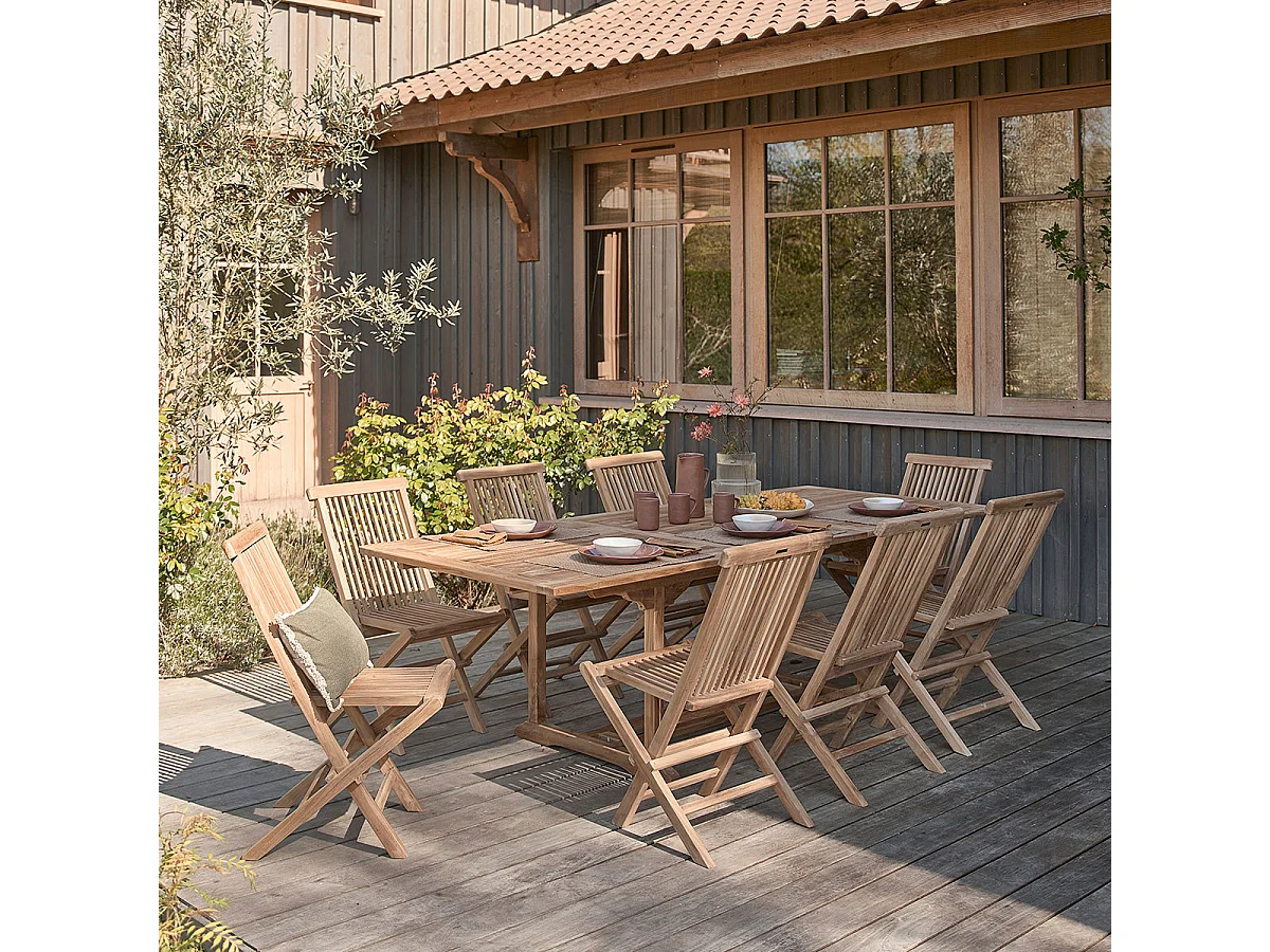 Set da esterno con tavolo allungabile in teak per 8/10 persone