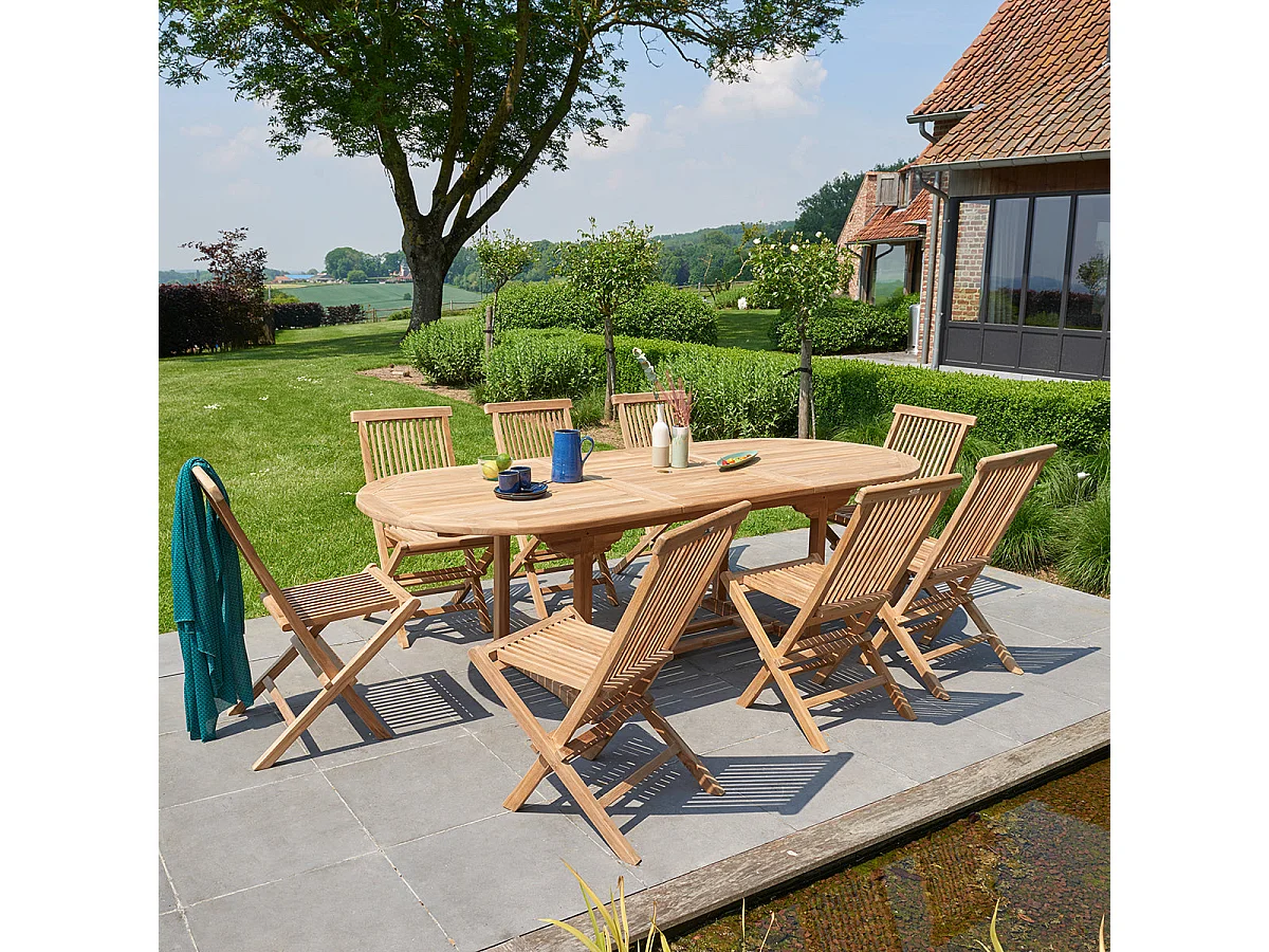 Salon de jardin en teck massif extensible 8/10 places