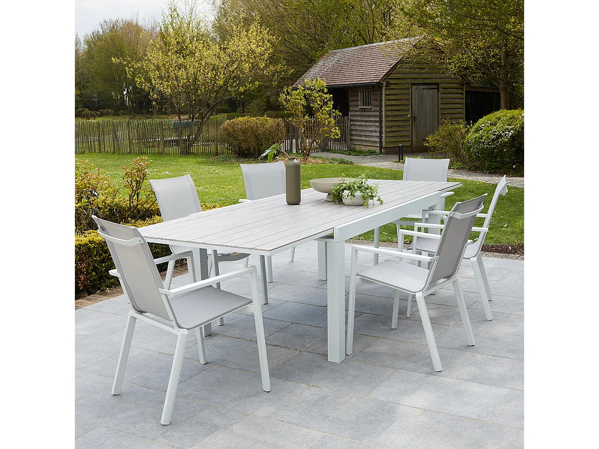 Set da esterno in acacia e textilene grigio per 6/10 persone