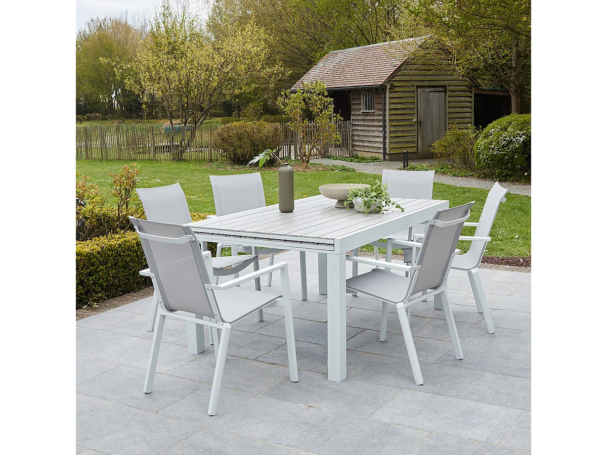 Set da esterno in acacia e textilene grigio per 6/10 persone