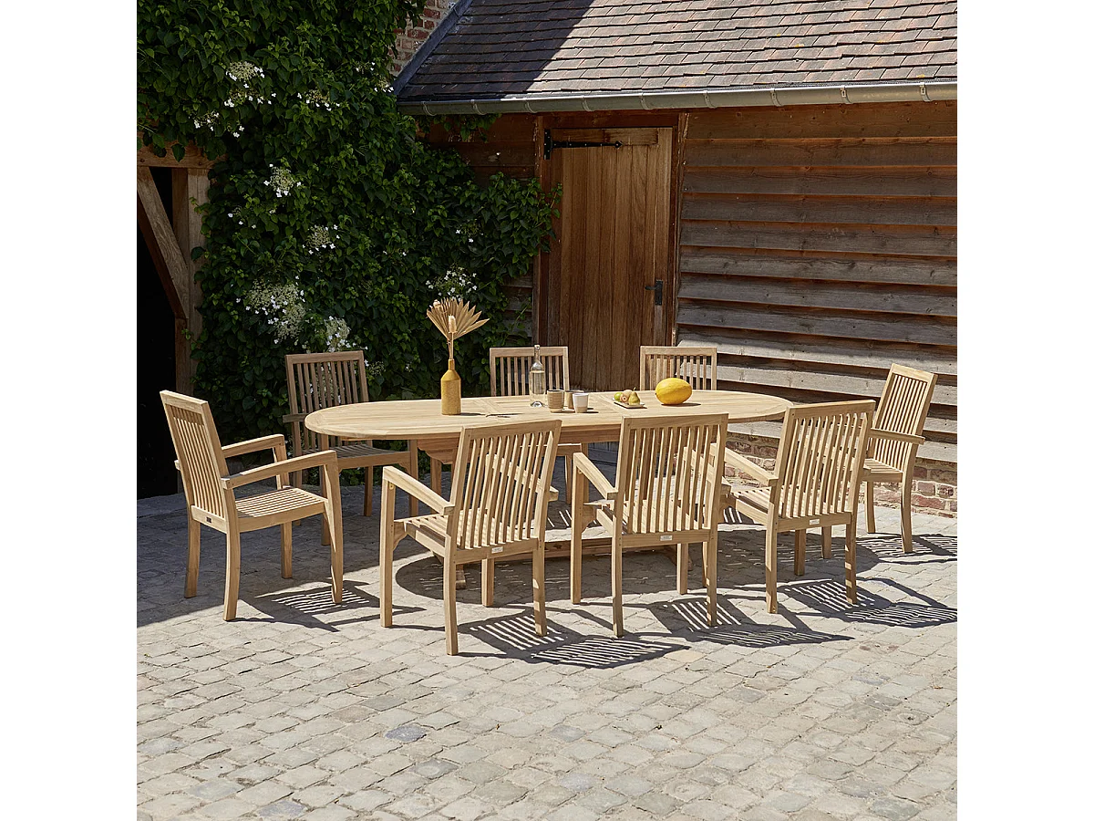 Salón de jardín de madera teca maciza aceitada extensible 8/10 pers.