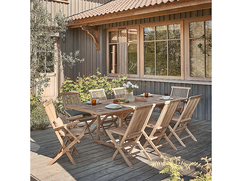 Set da esterno con tavolo allungabile in teak per 8/10 persone