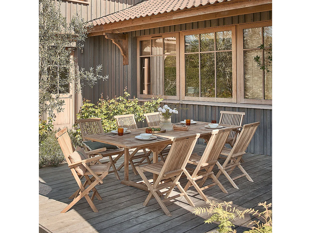 Set da esterno con tavolo allungabile in teak per 8/10 persone