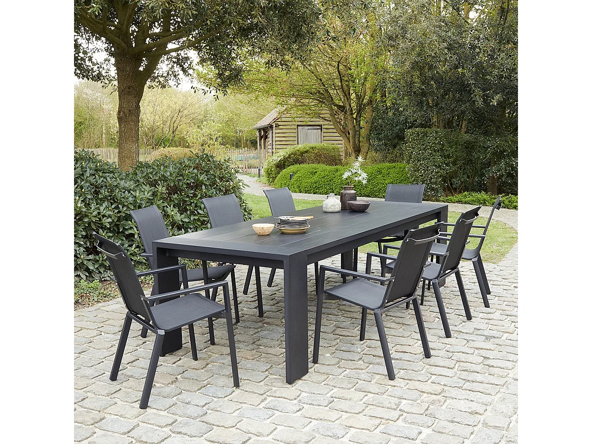 Salón de exterior de aluminio y textileno negro para 8 pers.