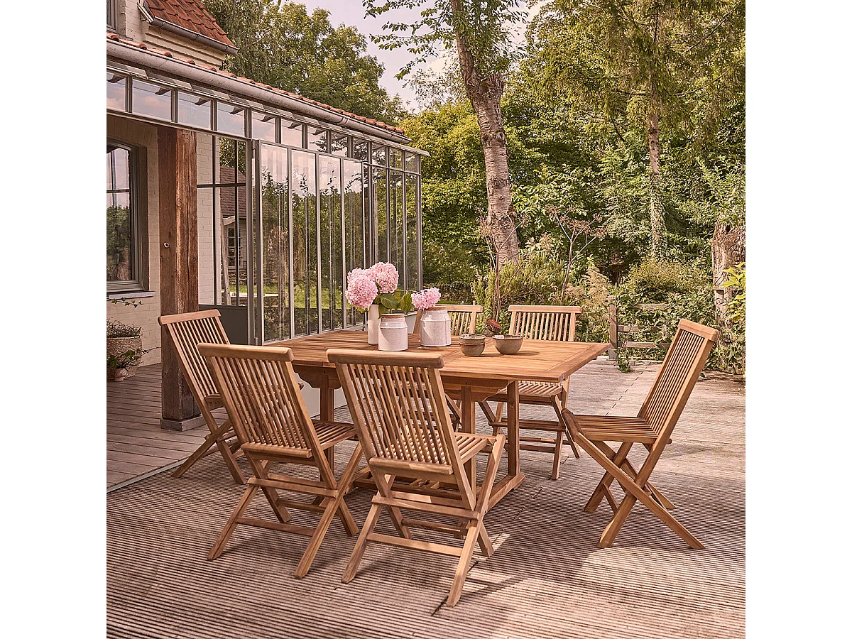 Salón de jardín de madera teca maciza aceitada con mesa extensible 6/8 pers.