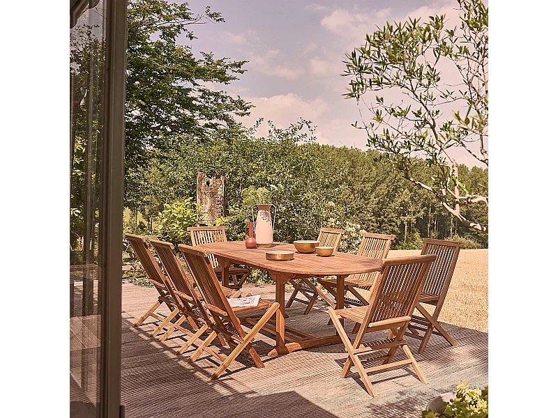 Set da esterno con tavolo allungabile in teak oliato per 8/10 persone