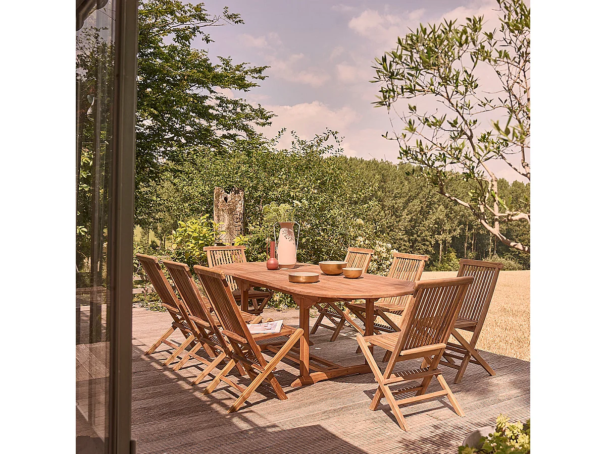 Set da esterno con tavolo allungabile in teak oliato per 8/10 persone