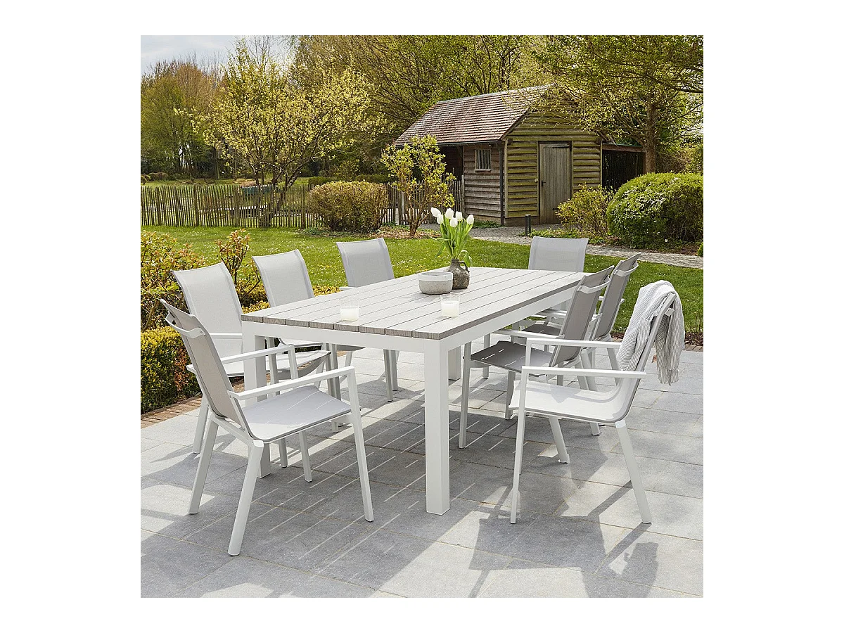 Salón de jardín de aluminio blanco y textileno gris para 6/8 pers.