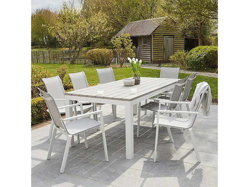 Salón de jardín de aluminio blanco y textileno gris para 6/8 pers.