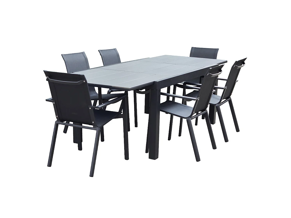 Set da giardino in alluminio nero e textilene grigio 6/10 pers