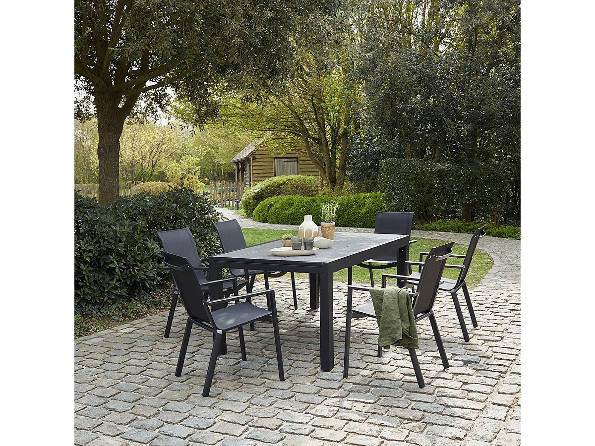 Set da giardino in alluminio nero e textilene grigio 6/10 pers