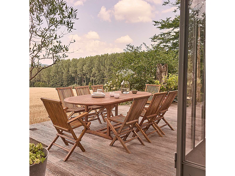 Set da esterno con tavolo allungabile in teak oliato per 8/10 persone