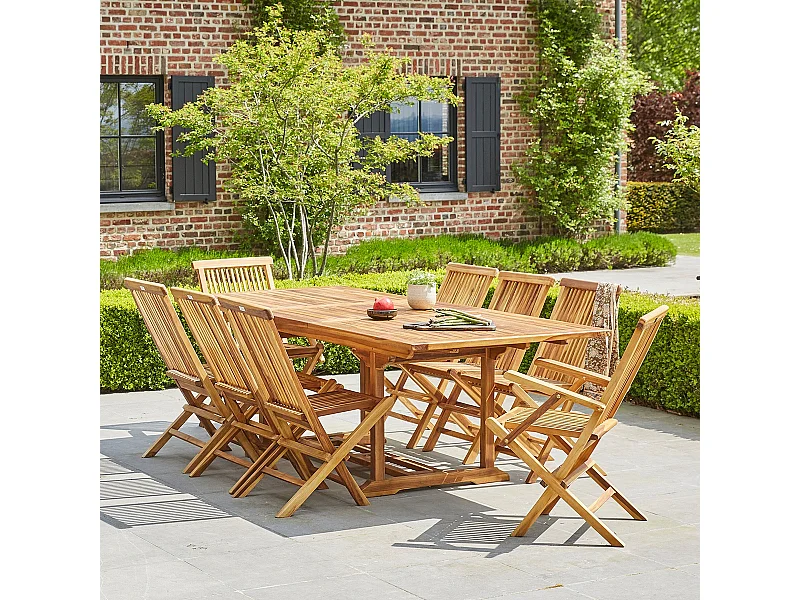 Set da esterno con tavolo allungabile in teak per 8/10 persone