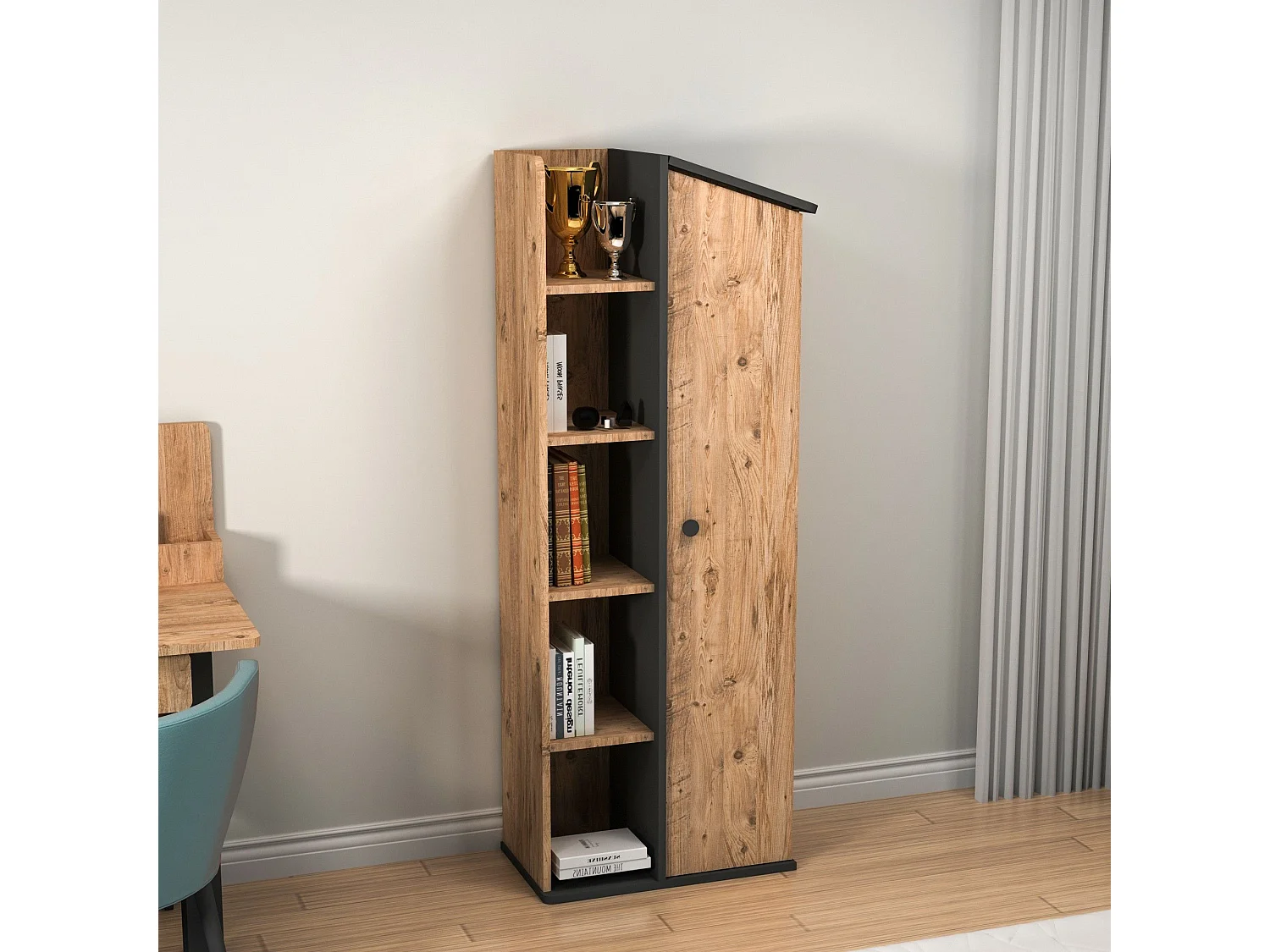 Estante de livros – 60 cm x 161.8 cm x 35.3 cm – Pinho Atlântico e Antracite – Painel de partículas