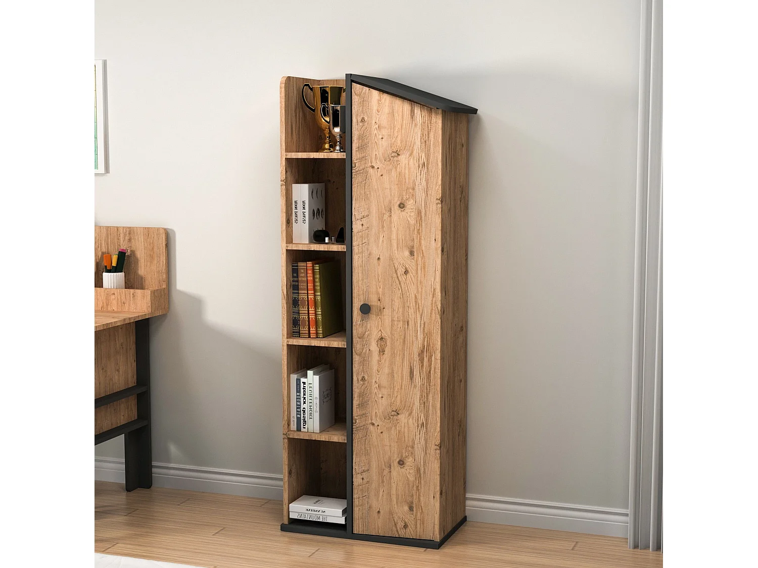 Estante de livros – 60 cm x 161.8 cm x 35.3 cm – Pinho Atlântico e Antracite – Painel de partículas