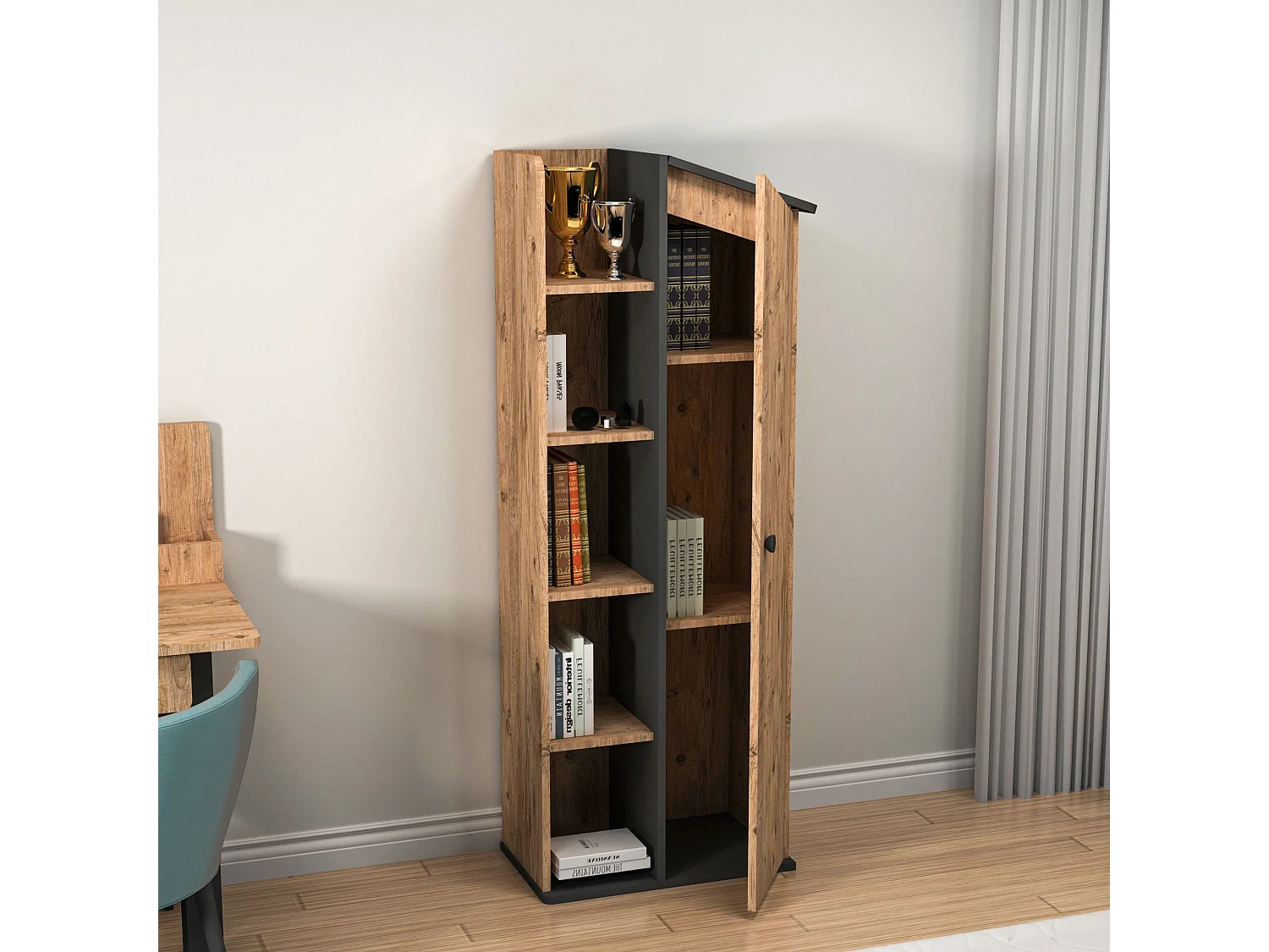 Estante de livros – 60 cm x 161.8 cm x 35.3 cm – Pinho Atlântico e Antracite – Painel de partículas