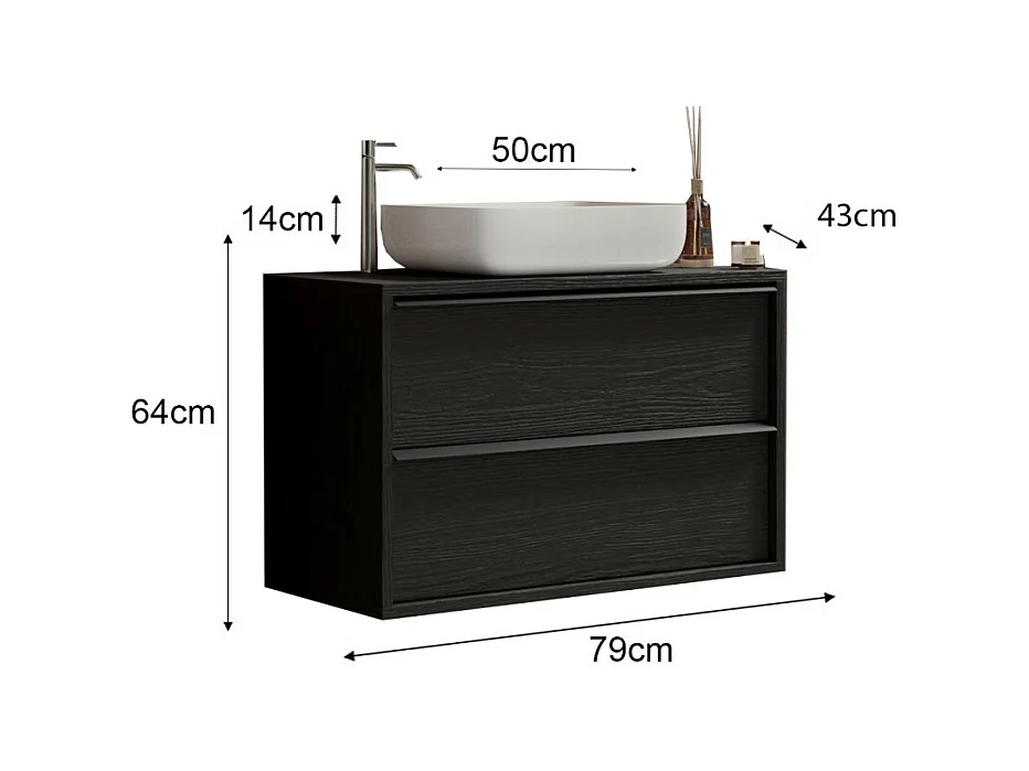 Meuble de salle de bain suspendu FRASSI – Évier inclus, 2 tiroirs – 79 cm – Coloris noir cendré