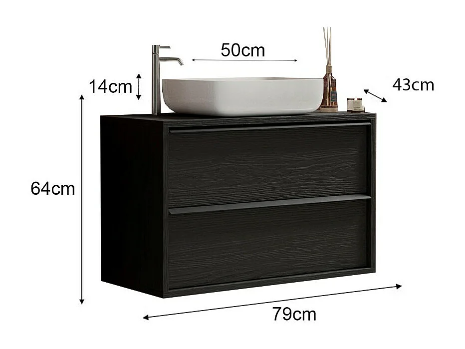 Mueble de baño suspendido FRASSI - Incluye lavabo, 2 cajones - 79 cm - Color negro ceniza
