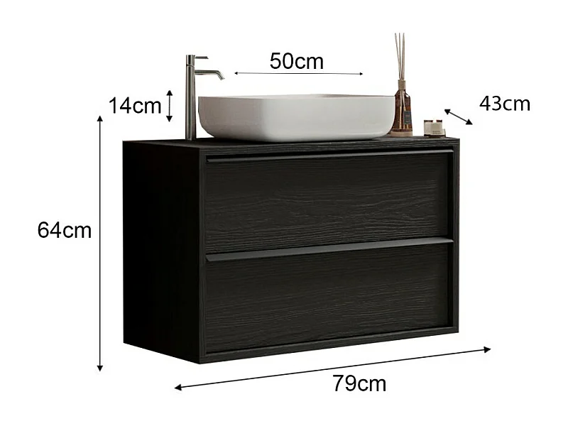 Mueble de baño suspendido FRASSI - Incluye lavabo, 2 cajones - 79 cm - Color negro ceniza