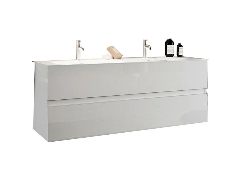 Meuble de salle de bain suspendu avec deux vasques et 2 tiroirs, collection VIENNE. Coloris blanc brillant