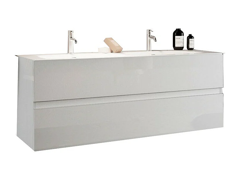 Meuble de salle de bain suspendu avec deux vasques et 2 tiroirs, collection VIENNE. Coloris blanc brillant