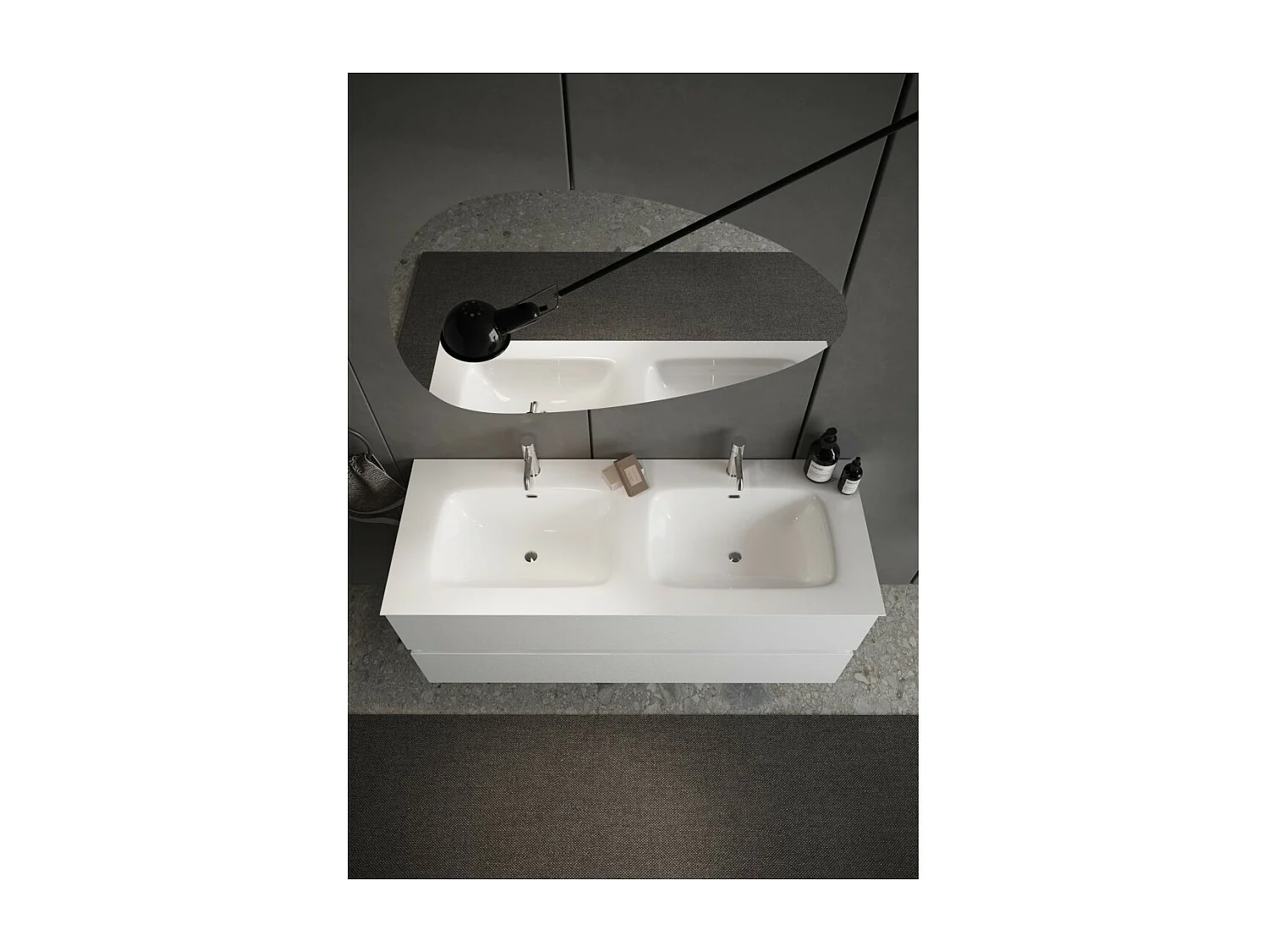 Meuble de salle de bain suspendu avec deux vasques et 2 tiroirs, collection VIENNE. Coloris blanc brillant