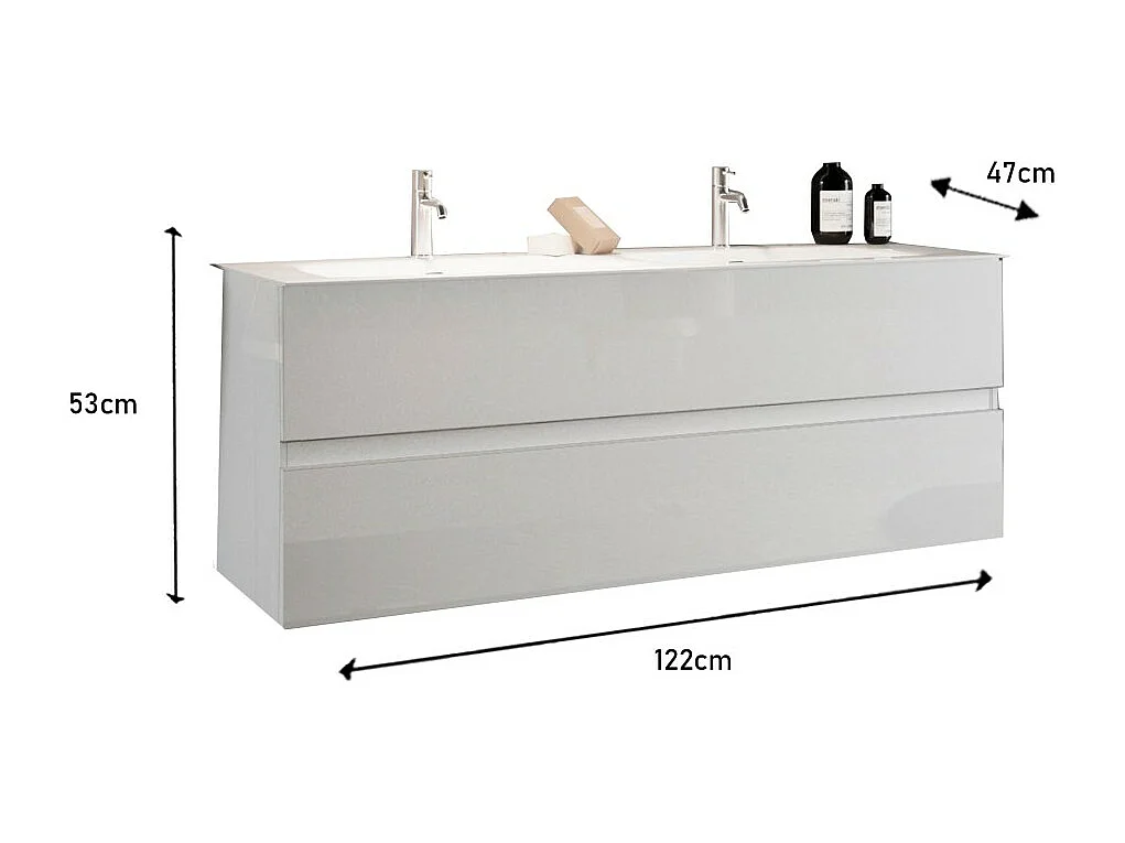 Meuble de salle de bain suspendu avec deux vasques et 2 tiroirs, collection VIENNE. Coloris blanc brillant