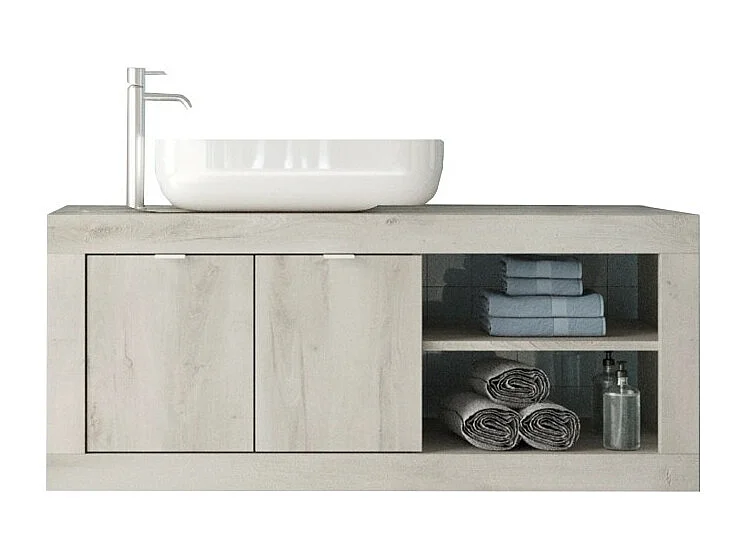 Wandhängendes Badezimmermöbel mit einem Waschbecken und 2 Türen, Länge 92 cm, Kollektion ISORA, Farbe Weiß Holzeffekt