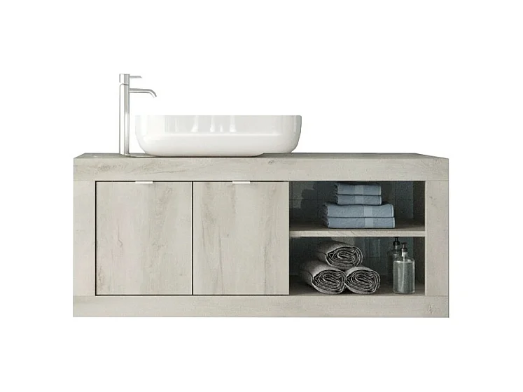 Meubel voor badkamer hangend met één wasbak en 2 deuren, lengte 92cm, collectie ISORA, kleur wit met houteffect
