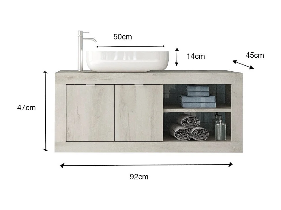 Meuble de salle de bain suspendu une vasque et 2 portes, longueur 92cm,  collection ISORA, coloris blanc effet bois