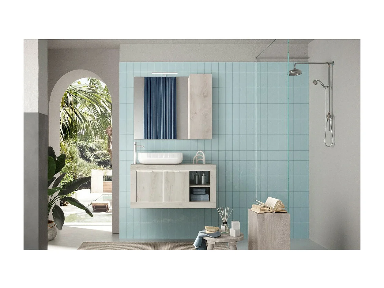 Meuble de salle de bain suspendu une vasque et 2 portes, longueur 92cm,  collection ISORA, coloris blanc effet bois