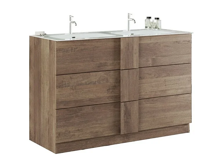 Badezimmermöbel mit zwei Waschbecken und drei Schubladen, Kollektion FRASSI. Farbe in hellem Eichenholz.