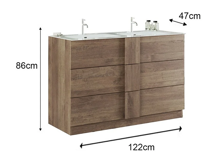 Badezimmermöbel mit zwei Waschbecken und drei Schubladen, Kollektion FRASSI. Farbe in hellem Eichenholz.