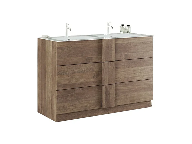 Meuble de salle de bain avec deux vasques et 3 tiroirs, collection FRASSI. Coloris chêne clair