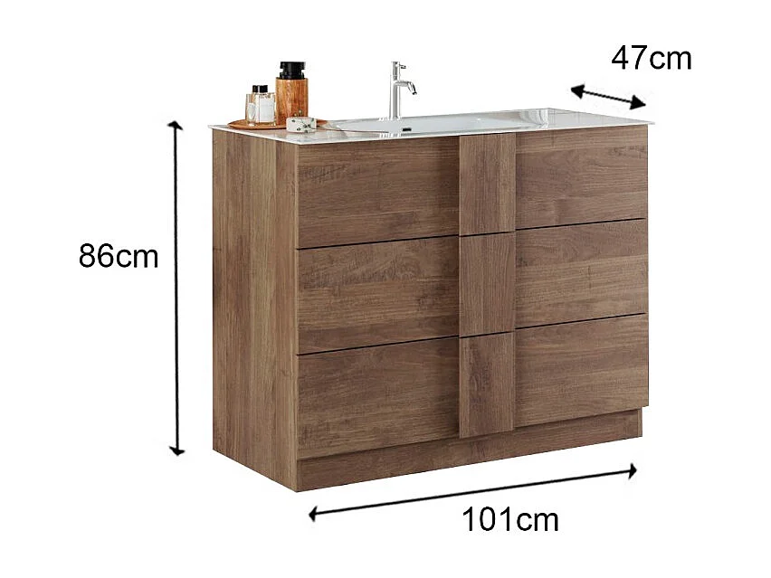 Meuble de salle de bain avec 1 vasque et 3 tiroirs, longueur 101cm, collection FRASSI. Coloris chêne clair