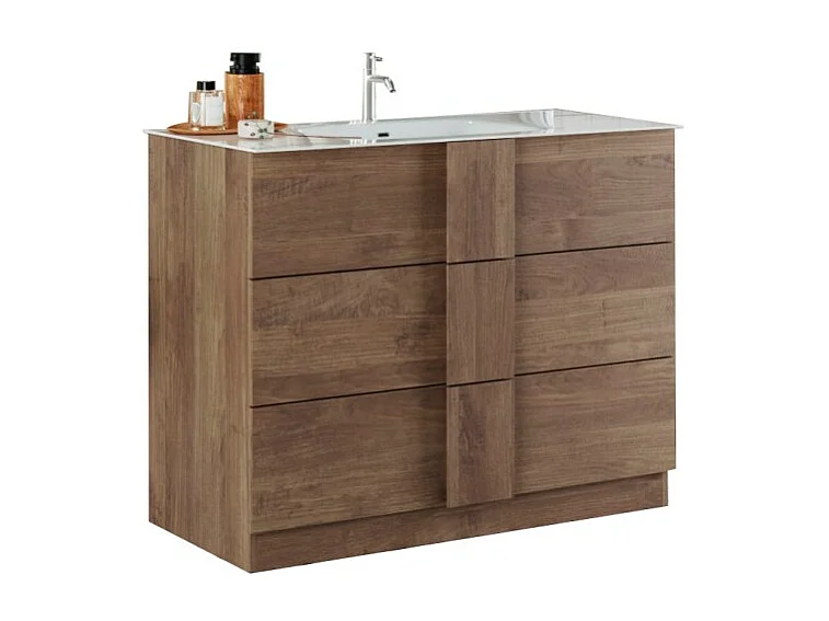 Meuble de salle de bain avec 1 vasque et 3 tiroirs, longueur 101cm, collection FRASSI. Coloris chêne clair
