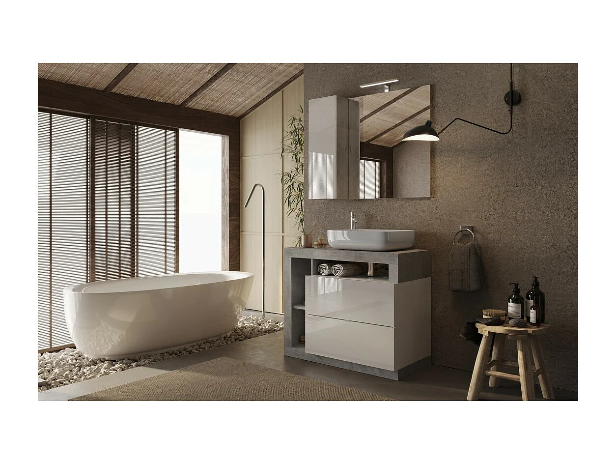 Meuble de salle de bain avec une vasque et 2 tiroirs, longueur 92cm, collection BURA. Coloris blanc brillant et béton