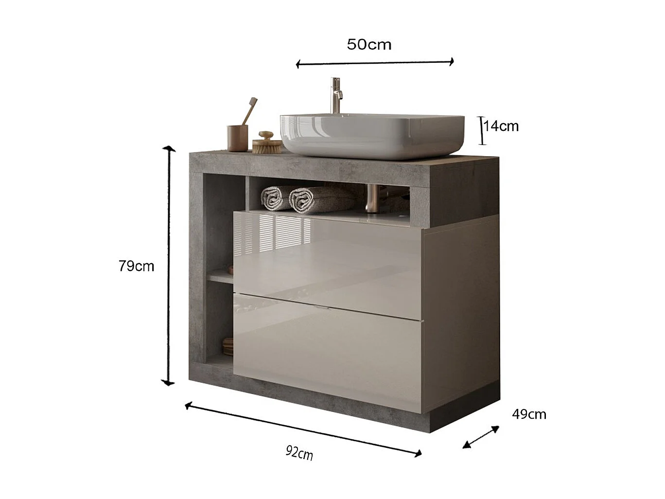 Meuble de salle de bain avec une vasque et 2 tiroirs, longueur 92cm, collection BURA. Coloris blanc brillant et béton