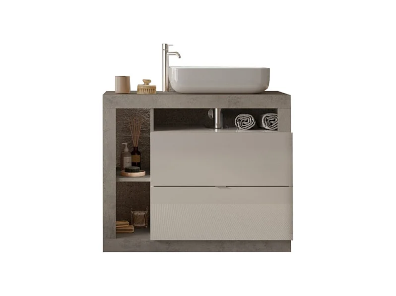 Badkamermeubel met één wastafel en 2 laden, lengte 92cm, collectie BURA. Kleuren glanzend wit en beton.