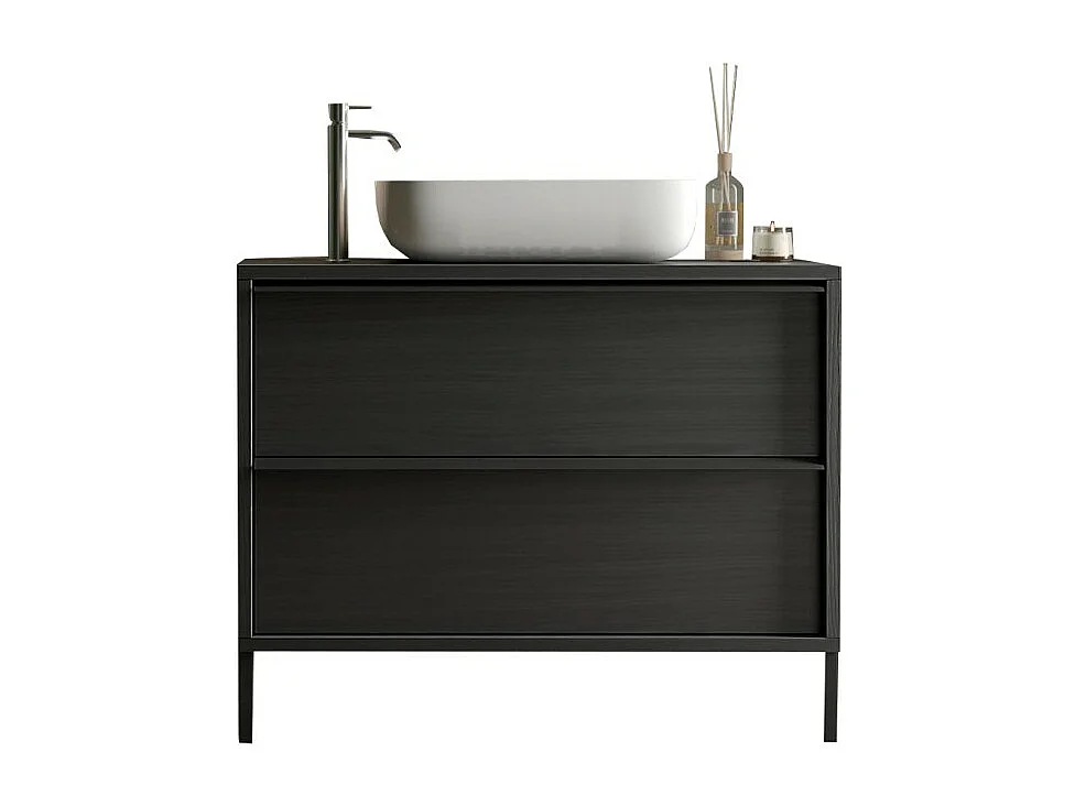Meuble de salle de bain avec évier et 2 tiroirs, longueur 92cm, collection FRASSI. Coloris noir cendré
