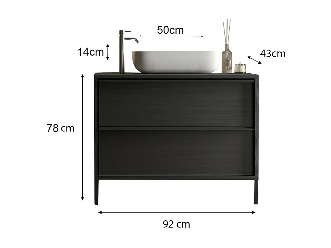 Meuble de salle de bain avec évier et 2 tiroirs, longueur 92cm, collection FRASSI. Coloris noir cendré