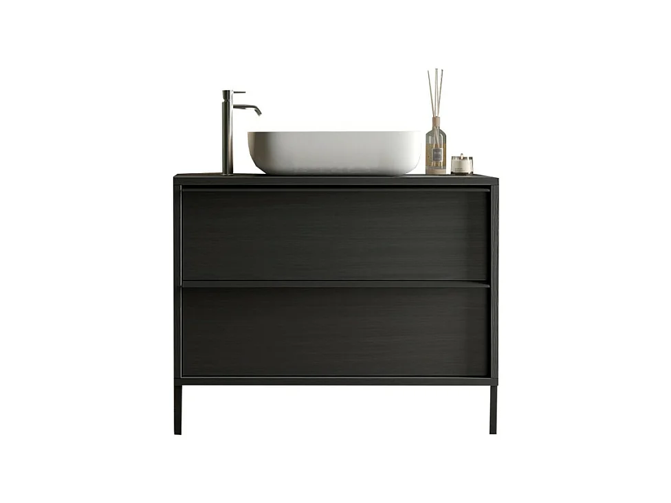 Meuble de salle de bain avec évier et 2 tiroirs, longueur 92cm, collection FRASSI. Coloris noir cendré