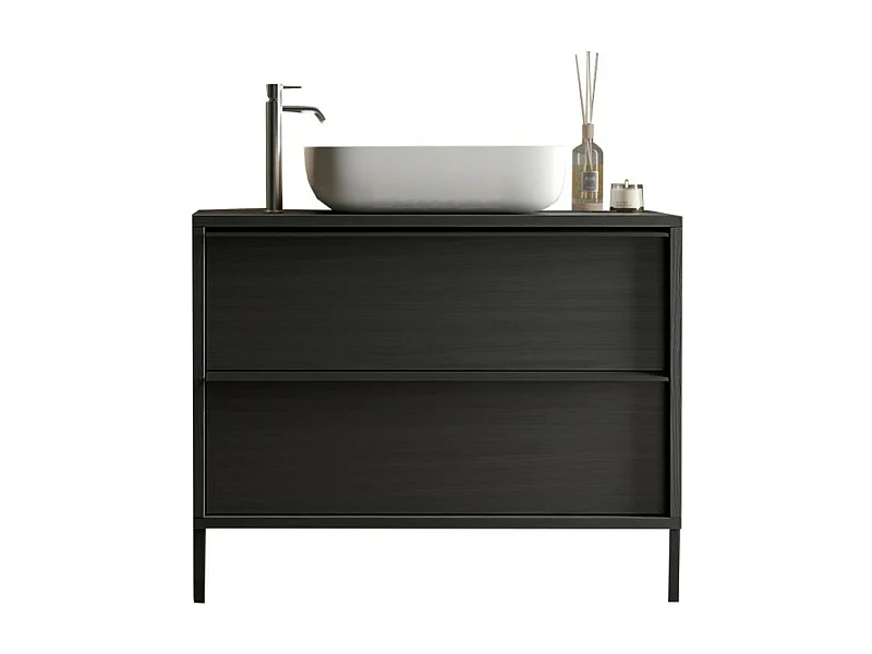 Meuble de salle de bain avec évier et 2 tiroirs, longueur 92cm, collection FRASSI. Coloris noir cendré