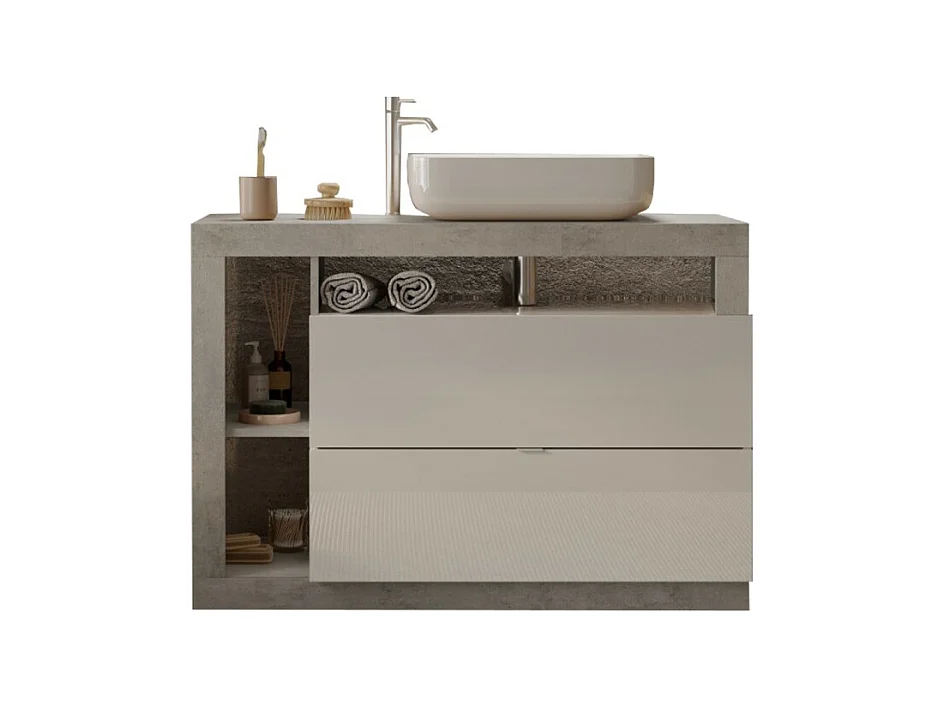Meuble de salle de bain avec une vasque et 2 tiroirs, collection BURA. Coloris blanc brillant et béton