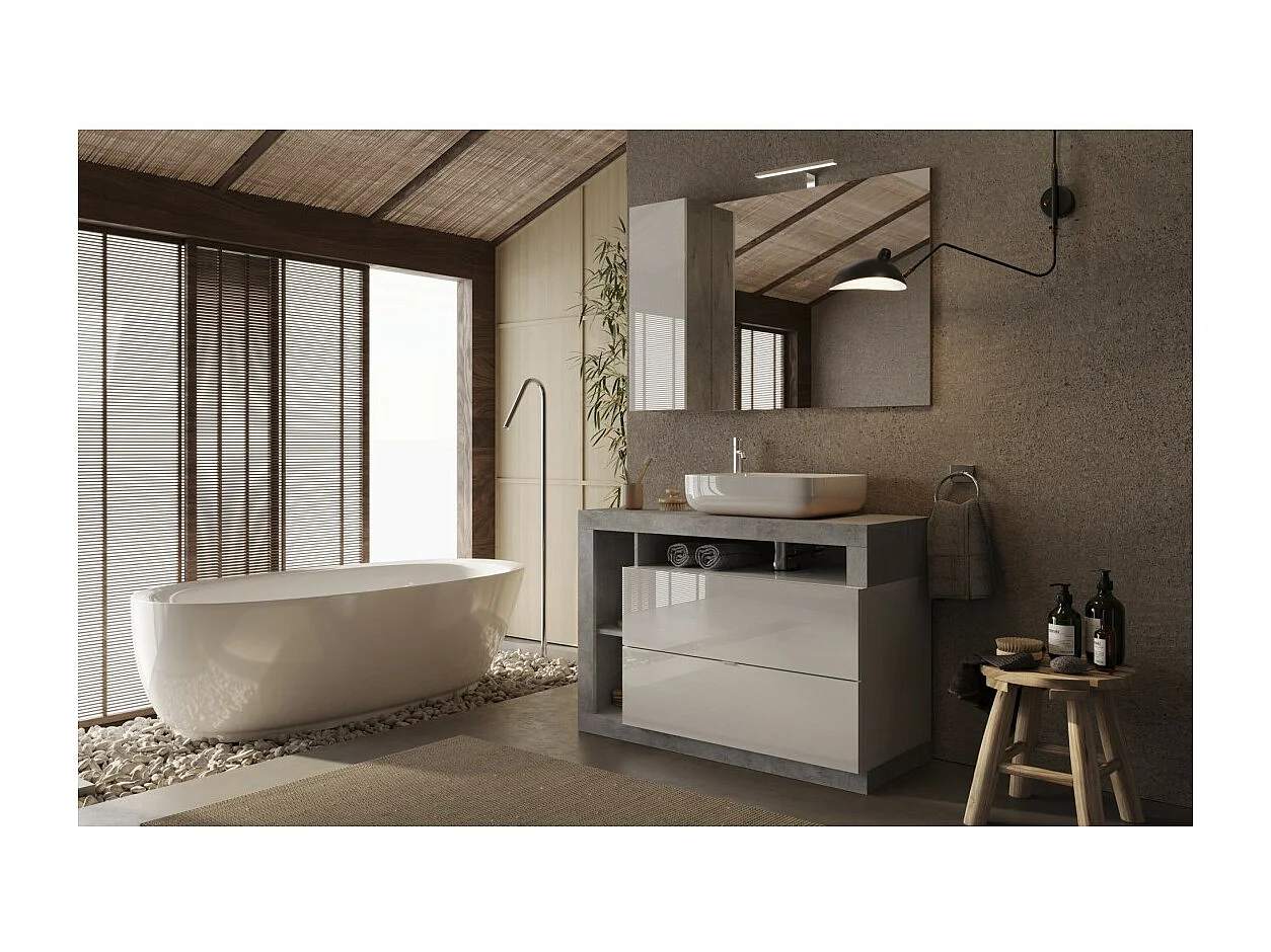 Meuble de salle de bain avec une vasque et 2 tiroirs, collection BURA. Coloris blanc brillant et béton