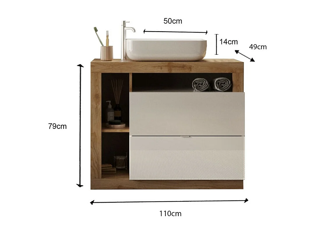 Mueble de baño con un lavabo y 2 cajones, colección BURA. Color blanco brillante y roble claro.