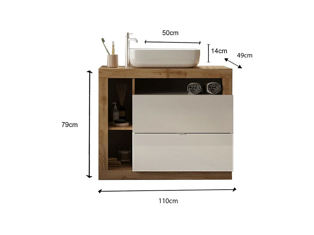 Mobile da bagno con un lavabo e 2 cassetti, collezione BURA. Colori bianco lucido e rovere chiaro.